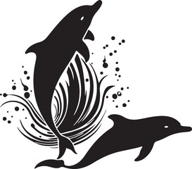 Vector art of two dolphins jumping out of water in silhouette