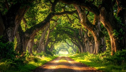 Sunlit lane through arched trees, creating a mystical, inviting tunnel