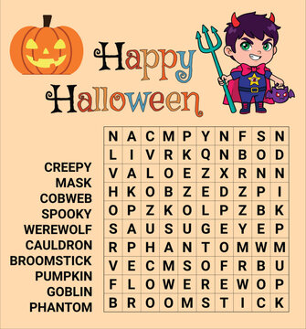 Halloween word search crossword puzzle for children. Educational activity worksheet. Practice English language vocabulary