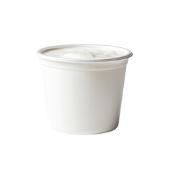A small, white plastic cup brimming with creamy, off-white yogurt.  The yogurt appears smooth and thick, filling most of the container