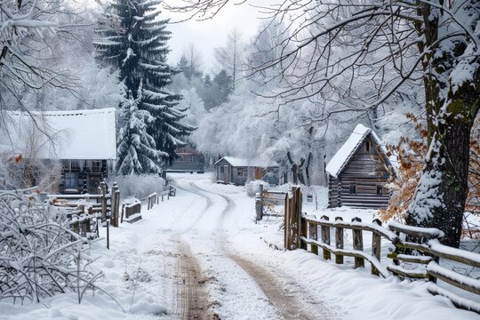 Snow covered road winding through a serene winter landscape, leading to charming wooden cabins nestled among snow laden trees