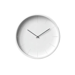 Minimalist white wall clock with thin silver hands and markings on a clean white face, set against a black background