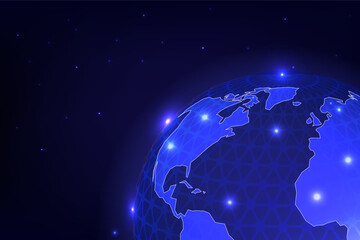 Fototapeta premium Glowing blue digital Earth with network nodes and connections, symbolizing global technology
