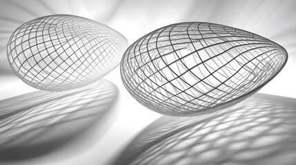 Abstract monochrome background with spheres and wireframe mesh design, 3d render