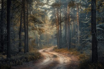 Obraz premium Sunlight filters through the trees illuminating a winding dirt road in a misty autumn forest at dawn