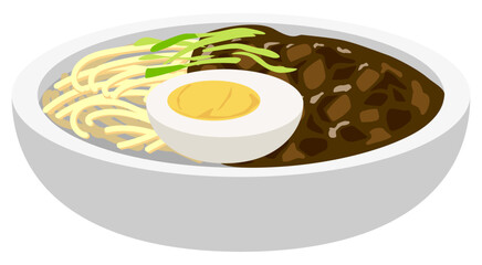Korean jjajangmyeon vector illustration showing black bean sauce noodles with egg and vegetables, popular Korean dish.