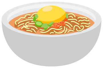 Korean ramen vector illustration showing noodles in spicy broth with egg and vegetables, delicious instant noodle dish design.