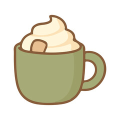 Cute Green Mug with Whipped Cream and Marshmallow Vector