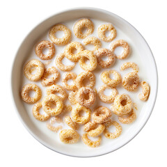 crunchy cereal rings floating in milk on transparent background