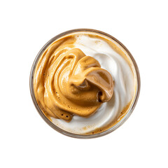 Dalgona coffee with whipped foam in a glass top view on transparent background