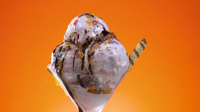 Scoops of vanilla ice cream in a glass bowl, sprinkled with chocolate and drizzled with syrup, slowly rotate against a brightly colored background.