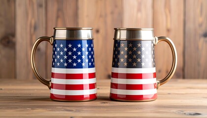 Unique American flag themed mugs placed on wooden table showcasing patriotic colors, perfect for festive gatherings or celebrations