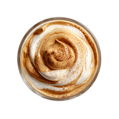 Dalgona coffee with whipped foam in a glass top view on transparent background