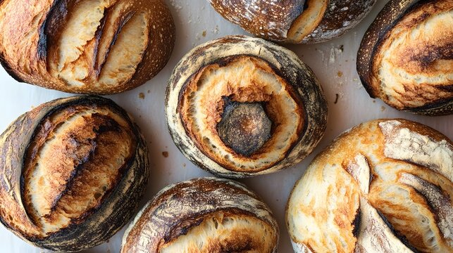 Artisan sourdough bread loaves fresh from the oven overhead view, baked delicious goods