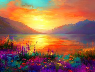 Vibrant Sunset Landscape Painting, Mountains, Lake, Wildflowers
