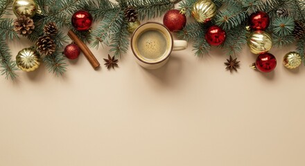 Festive Coffee Moment: A festive holiday arrangement, featuring a warm cup of coffee, seasonal ornaments, and fragrant spices, creates a cozy and inviting atmosphere for a relaxing winter day.