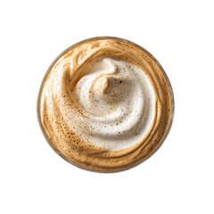 Dalgona coffee with whipped foam in a glass top view on transparent background