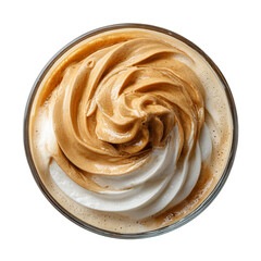Dalgona coffee with whipped foam in a glass top view on transparent background
