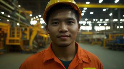 Portrait of a Confident Asian Factory Worker in Hard Hat