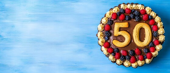 Delicious Chocolate Cake with Number 50 Berries and Cream