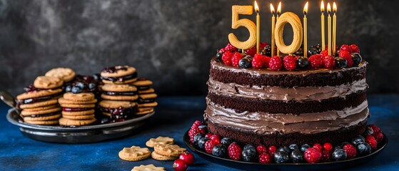 Delicious Chocolate Cake with Berries and 50th Birthday Candles