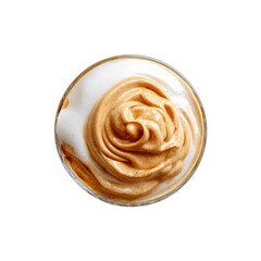 Dalgona coffee with whipped foam in a glass top view on transparent background