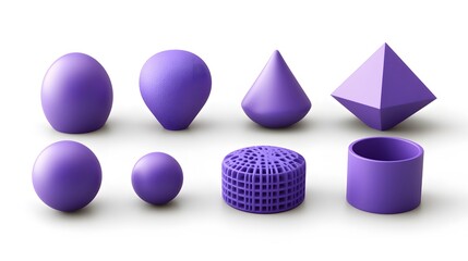 Purple Geometric Shapes 3D Render, Spheres, Cones, Cylinders, and More
