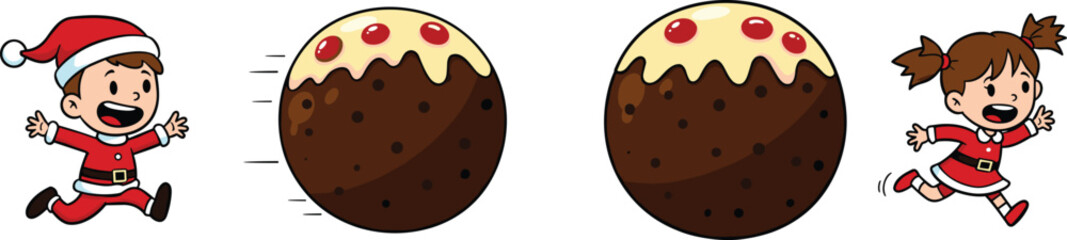 Cartoon children running in festive Christmas scene, holiday dessert ball illustration with icing, joyful boy and girl in Santa outfits, playful seasonal celebration artwork