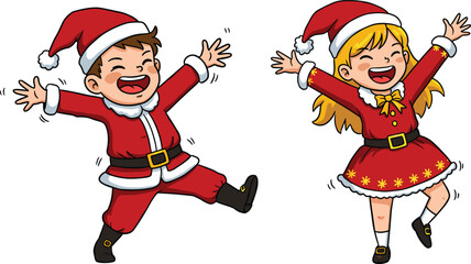 Joyful children in festive Santa costumes, happy kids dancing, Christmas celebration, holiday cheer, red outfits, winter season, smiling faces, playful energy, festive spirit captured beautifully