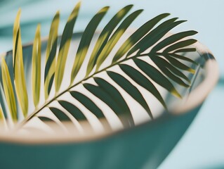 Serene Palm Leaf in Teal Bowl Minimalist Photography