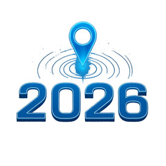 Blue Location Pin with Ripple Waves and 2026 Text – Modern Futuristic Vector Illustration on White Background with Tech-Inspired Design