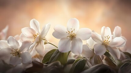 Fototapeta premium Close-up of light pink quince flowers with yellow stamens on a soft background