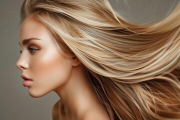 Naklejka premium Beauty portrait of model with perfect makeup and shiny blonde hair waving in the wind