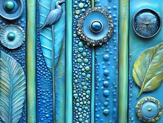 Abstract Blue Teal Green Texture Art Mixed Media Bird Leaves