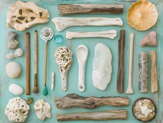 Seashells Bones Stones and Driftwood Teal Background Flatlay