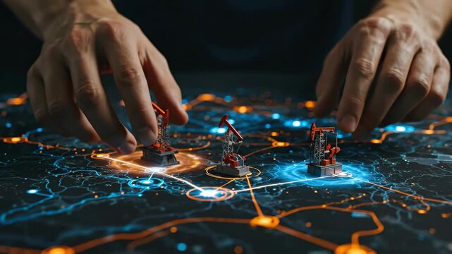 Man placing miniature oil rig models on glowing digital map. Energy industry strategy planning with global network connections footage.