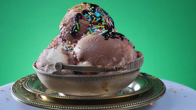 Balls of chocolate ice cream in a silver glass, sprinkled with sweets, slowly rotate against a brightly colored background.
