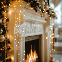 Cozy Christmas Fireplace Decor Fairy Lights Festive Winter Season