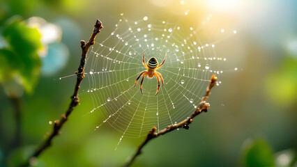 Spider Web After Rain.  
Raindrops On Spider Silk.  
Spider Resting On Dewy Web.