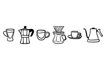 Set of black line coffee icons. Includes moka pot, pour-over coffee maker, gooseneck kettle, glass cup, latte glass, and espresso cup. Hand-drawn style for cafe, barista and coffee shop design