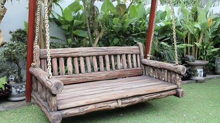 Rustic wooden swing seat hanging in lush garden background