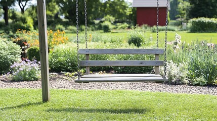 Wooden swing hanging peacefully in lush green garden backyard