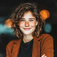Young woman with short hair and freckles smiles warmly, radiating confidence and friendliness in soft light.
