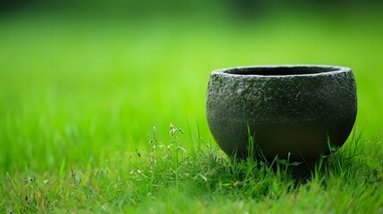 Serene Stone Pot in Lush Green Grass, Nature Scene