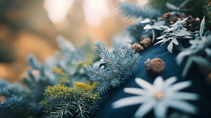 Close-up aesthetic christmas decoration arrangement of pine cones and flower