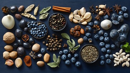 Healthy spices and berry fruits flat lay arrangement on dark background concept