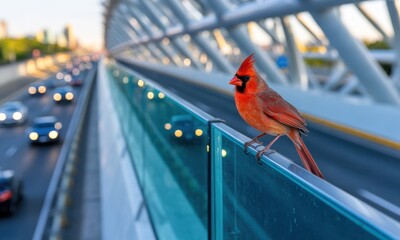Red cardinal perched on bridge railing over highway