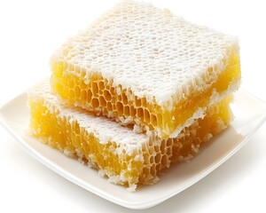 Golden Honeycomb on White Plate Delicious Sweet Honeycomb Texture