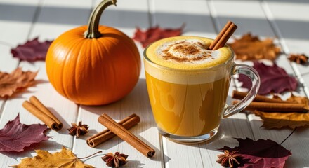 Pumpkin spice latte, pumpkin, cinnamon, leaves