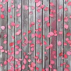 Pink Autumn Leaves Scattered on Rustic Wooden Planks